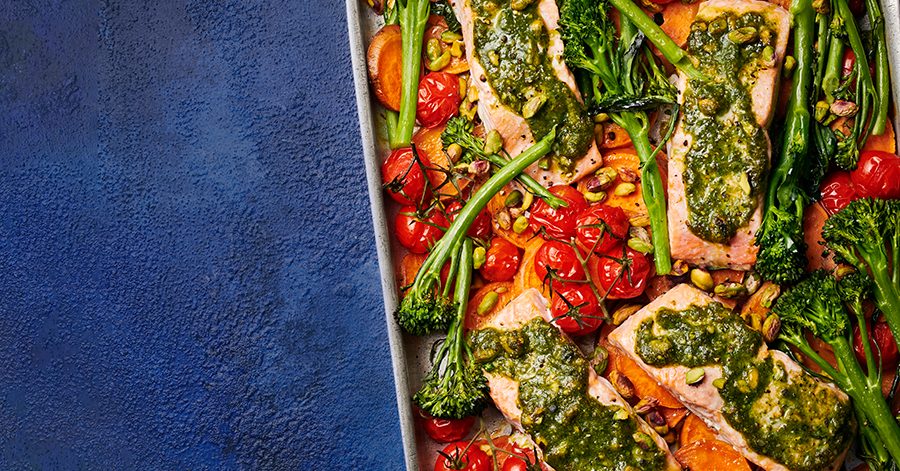 Pistachio Pesto Salmon Vegetable Traybake by Good Food