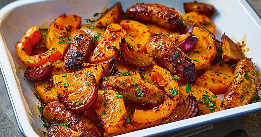 Smoky Sausage & Squash Traybake by Good Food