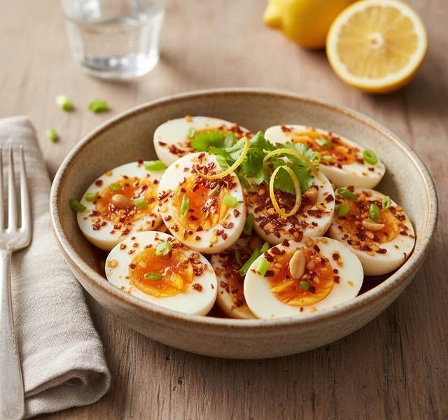 Savory Chili Crisp Boiled Eggs by Quenetta