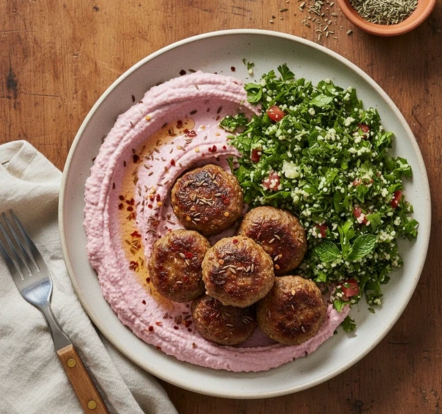 Beef Meatballs with Pink Hummus and Tabbouleh by Salzgott