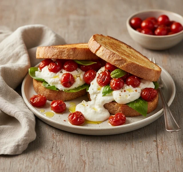 Burrata Caprese Sandwich with Cherry Tomato Confit by Breadbakebeyond