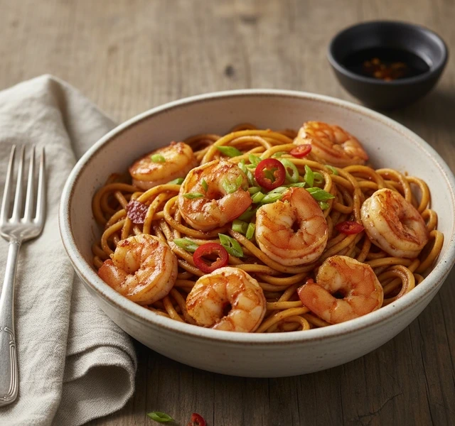 Chili Shrimp Lo Mein by Bacicancook