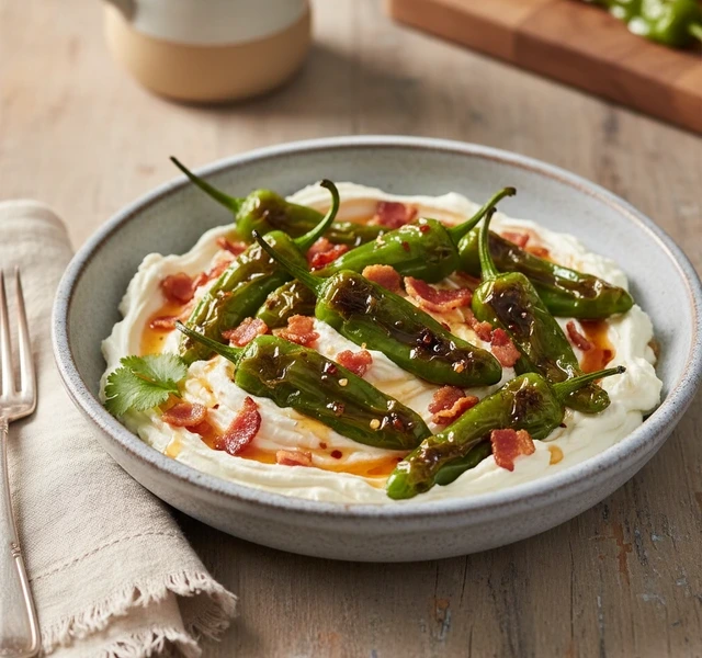 Whipped Cream Cheese with Blistered Shishito Peppers by Petey Cooks