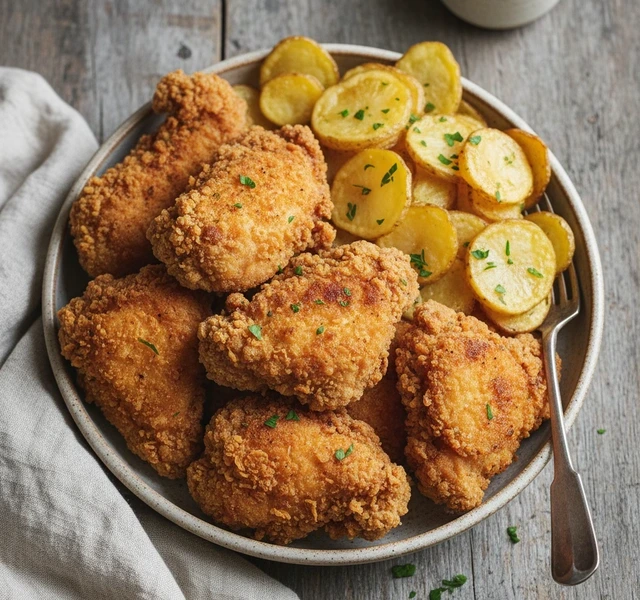 Crispy Fried Chicken and Potatoes by Maybepeachdorm