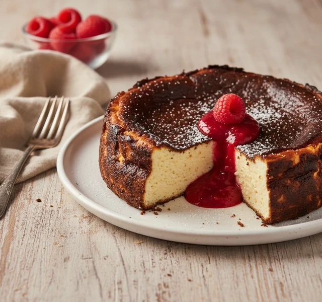 Burnt Basque Cheesecake with Raspberry Coulis by Nachocookin