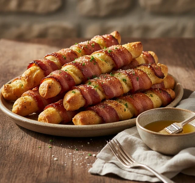 Bacon Wrapped Garlic Breadsticks by Platesbykody