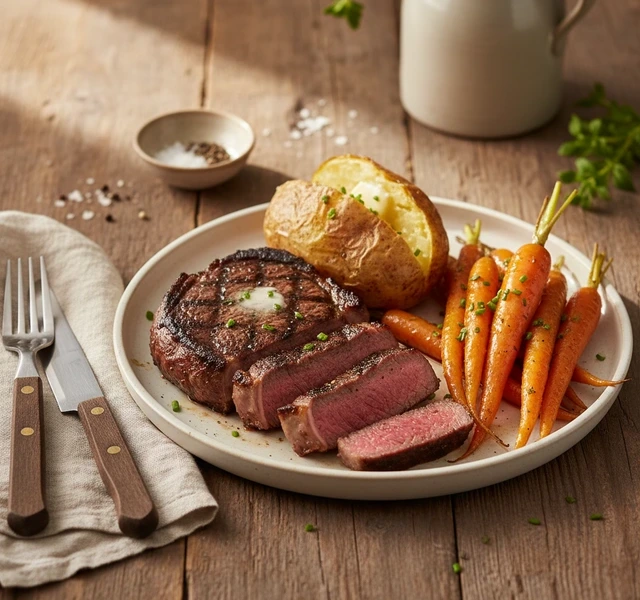Steak with Baked Potatoes and Honey Roasted Carrots by Shelbyaustinn
