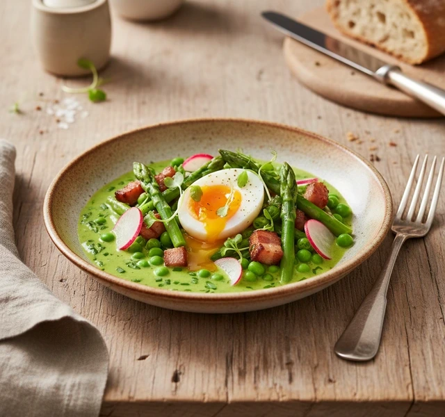 Soft Boiled Egg with Spring Vegetables and Velouté by Victorienchefbali