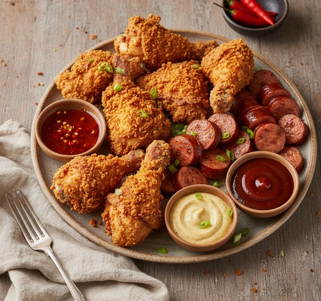 Fried Chicken and Kielbasa Sausage Platter by Real Mouth