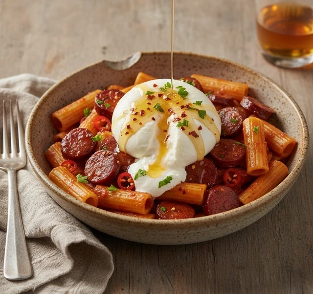 Honey-Chilli Burrata and Baked Chorizo Pasta by The Good Bite