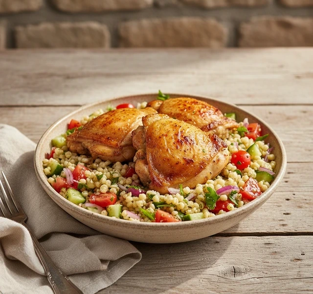 One Pan Crispy Golden Chicken, Pearl Couscous & Shirazi Salad by Tanerxaydin