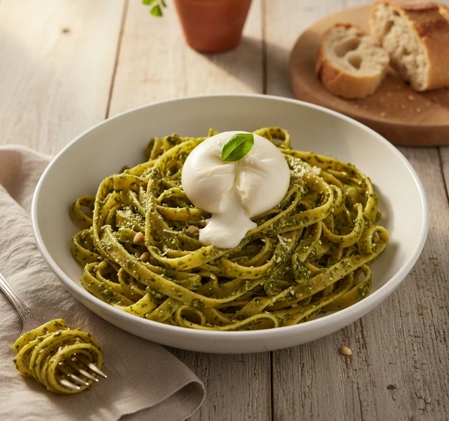 Fettuccine with Pesto and Burrata by Borti Pasta Bar