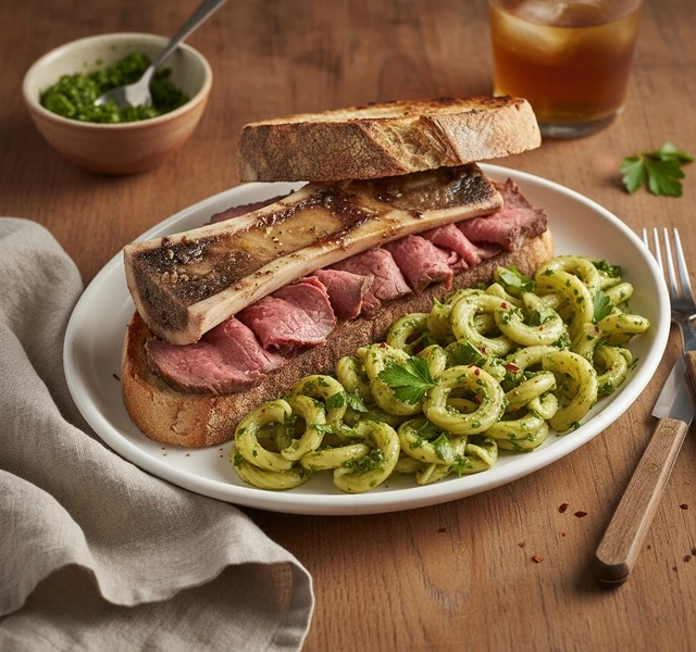 Bone Marrow Roast Beef Sandwich And Chimichurri Pasta by Santino Alessandro