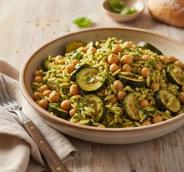 Zucchini and Chickpea Orzo Salad by Boldbeanco