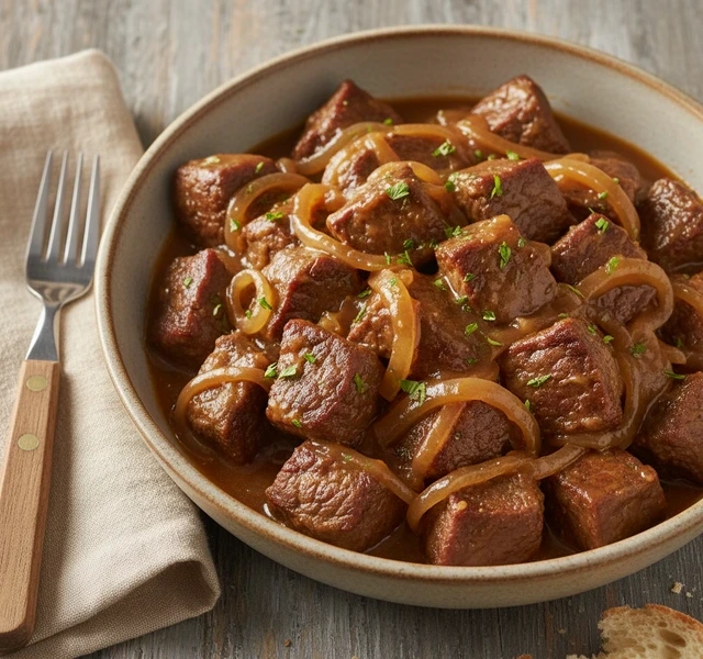 Slow-Roasted Beef Tips with Onion Gravy by Deandrehall