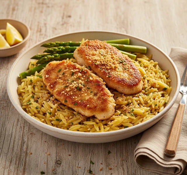 Lemony Orzo with Chicken Cutlets and Asparagus by 7kidskitchen