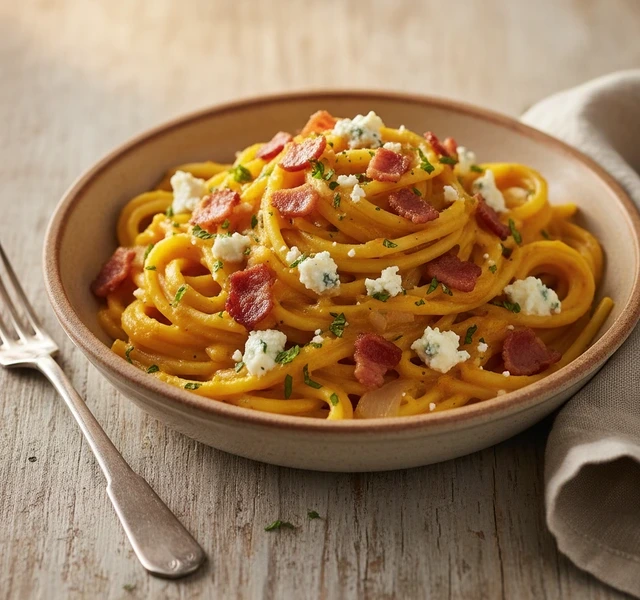 Pasta with Pumpkin, Gorgonzola, and Crispy Pancetta by Verolovefooding
