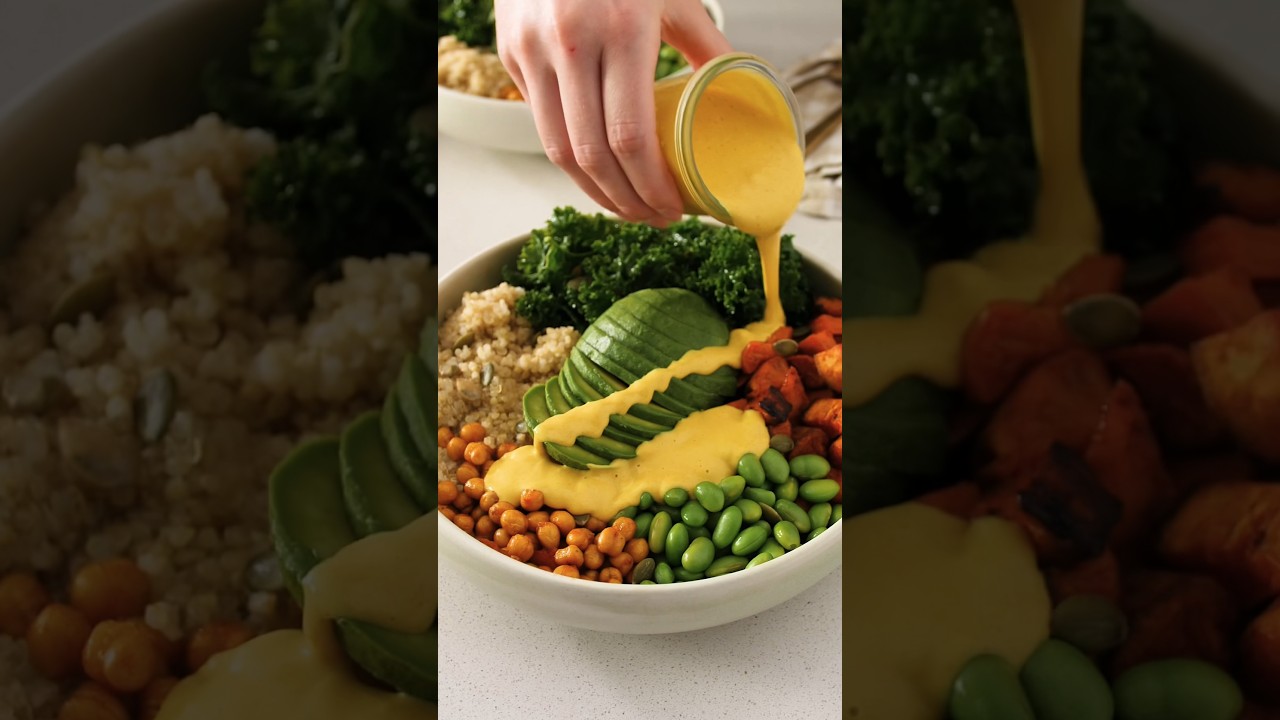 High-Protein Tower Bowl with Harissa Sweet Potatoes by Tess Begg