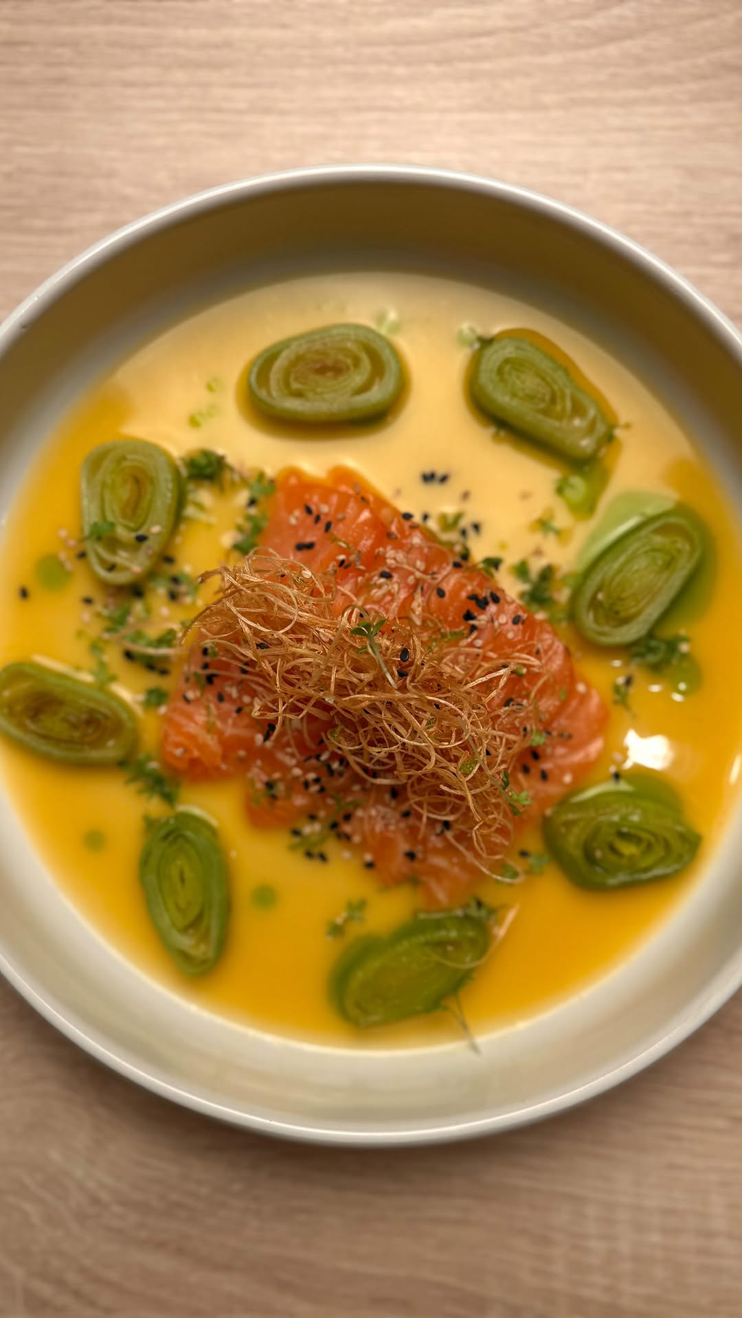 Salmon Crudo with Caramelized Leek & Passion Fruit-Yuzu Miso by Tanerxaydin