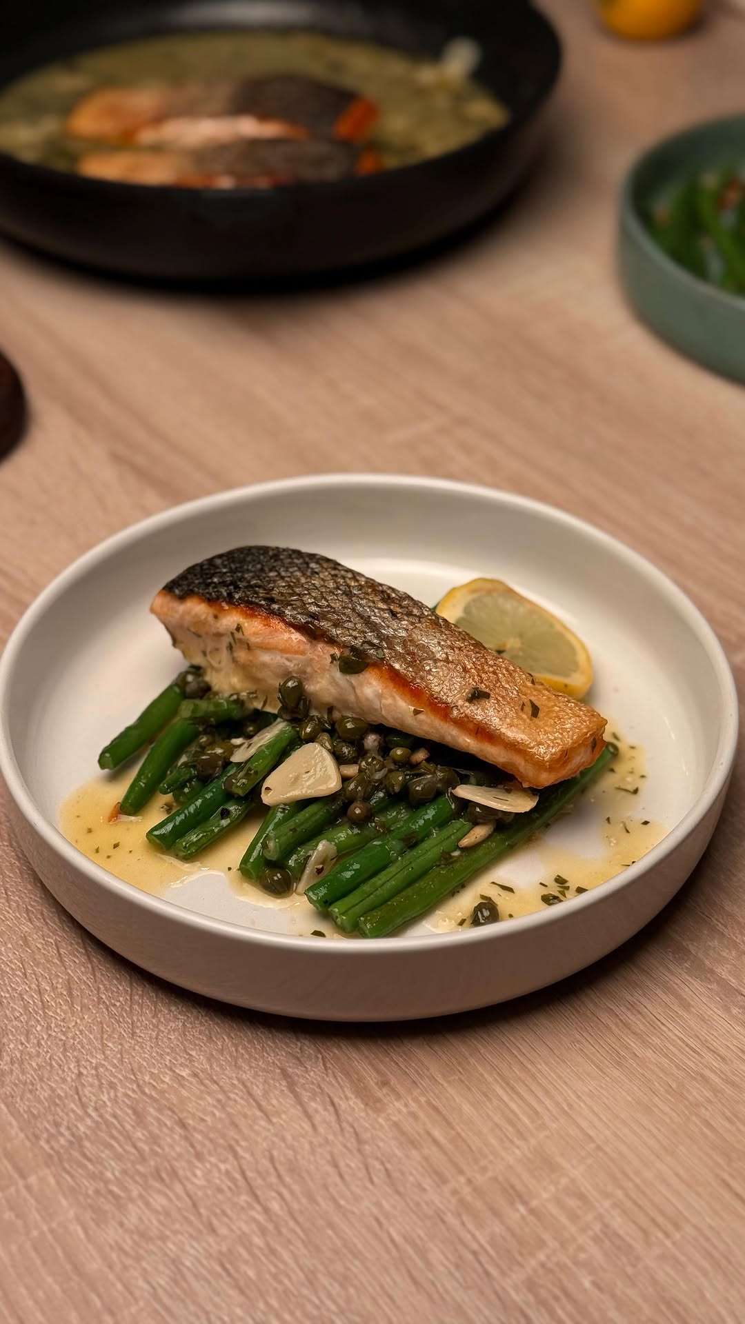 Crispy-Skin Salmon Piccata with Green Beans Amandine by Tanerxaydin