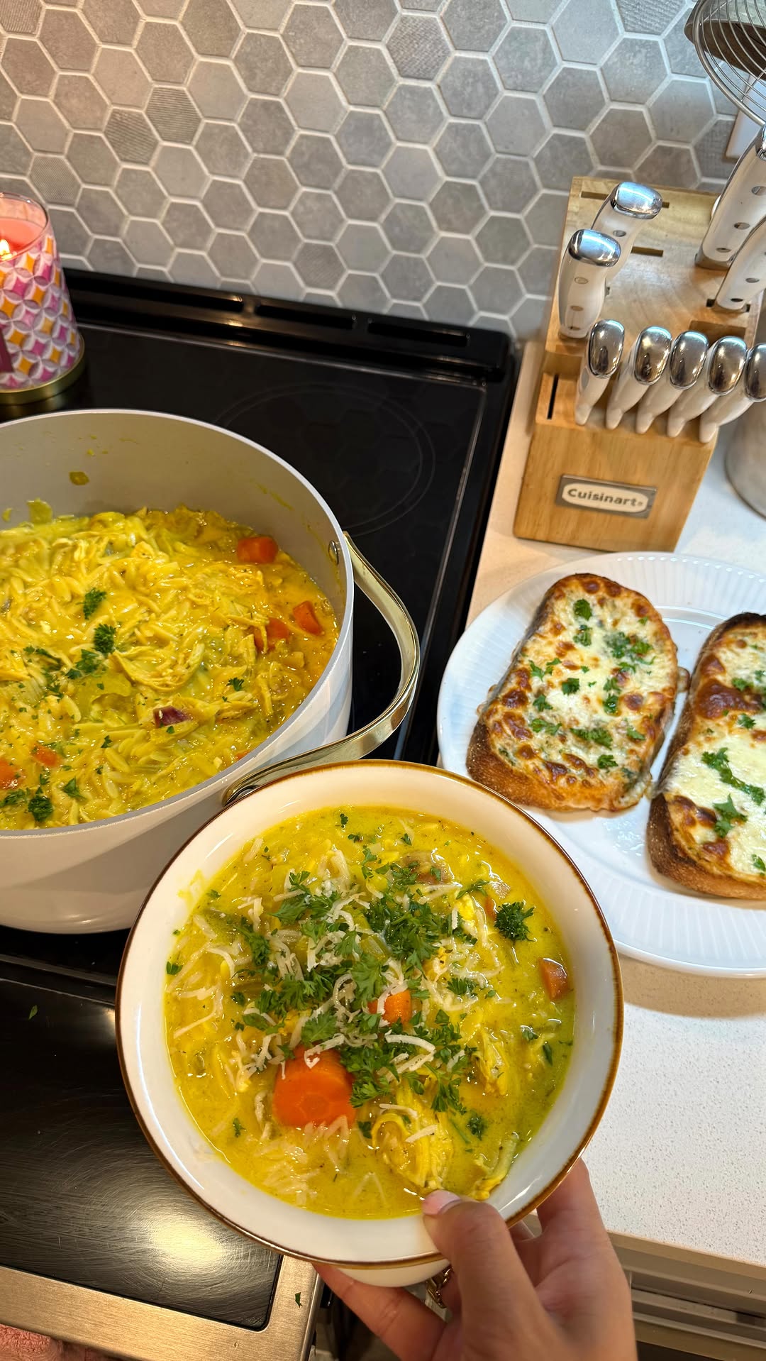 Lemon Chicken Orzo Soup with Garlic Bread by Elizabethwu
