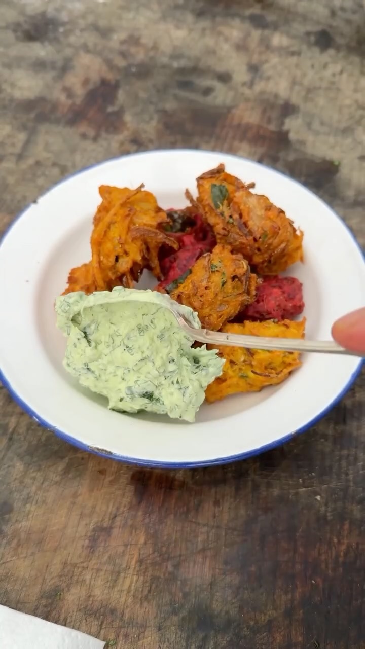 Beetroot, Parsnip & Onion Bhajis with Coriander-Lime Yogurt by Julius Roberts