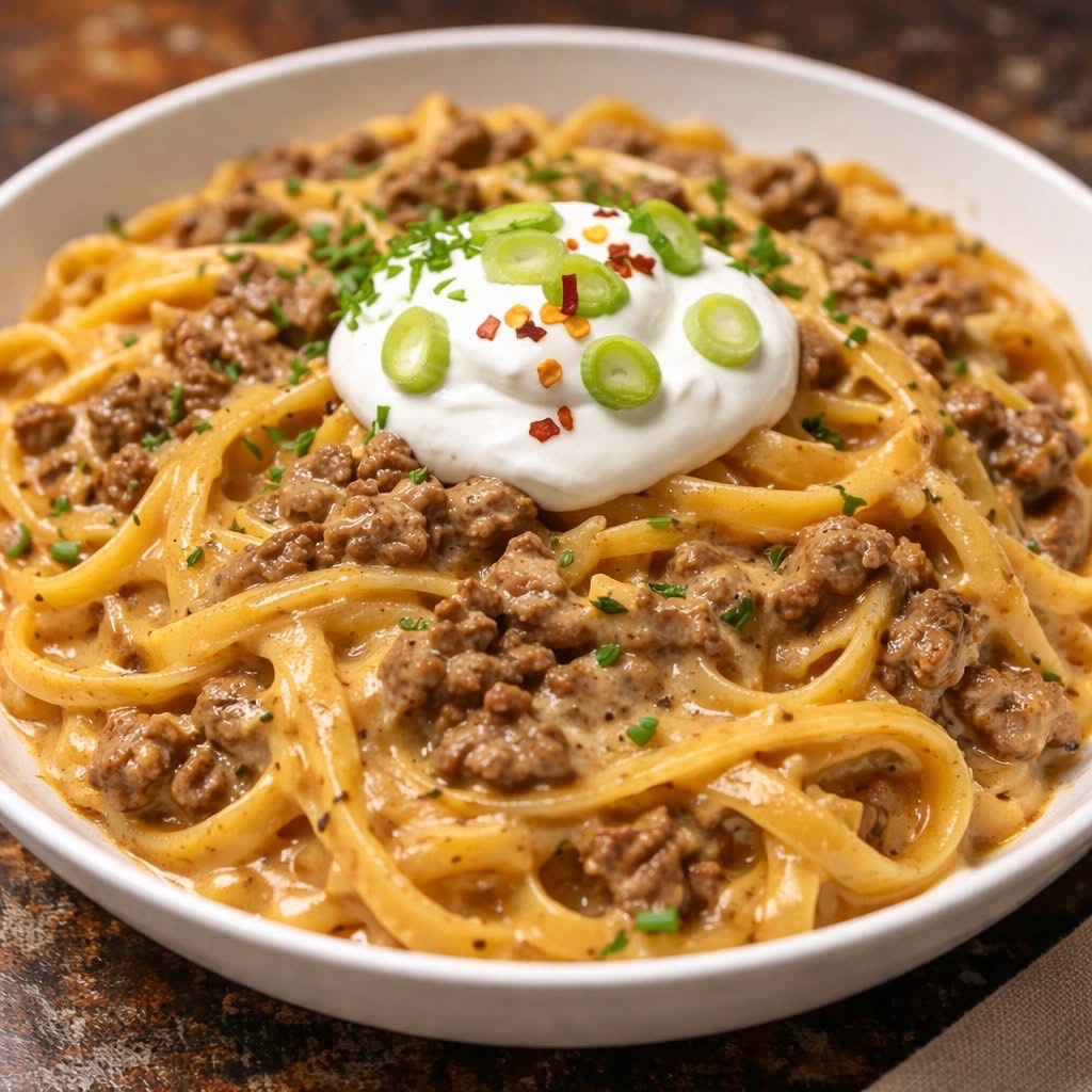 One-Pot Creamy Beef and Garlic Butter Pasta by Tiktokfoodgame