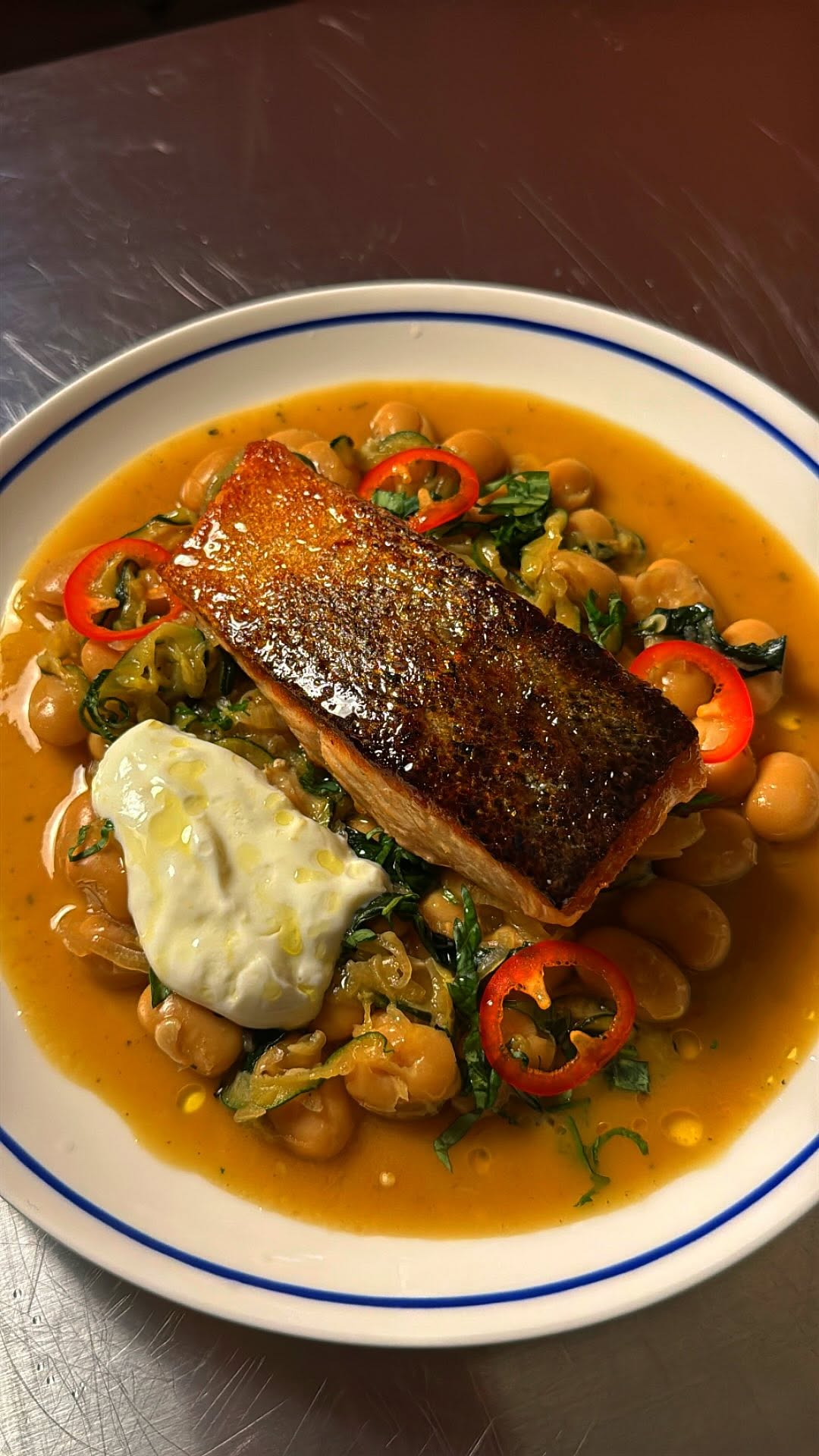 Crispy Salmon w/ Zucchini & Butter Beans by Gabriel Poltorak