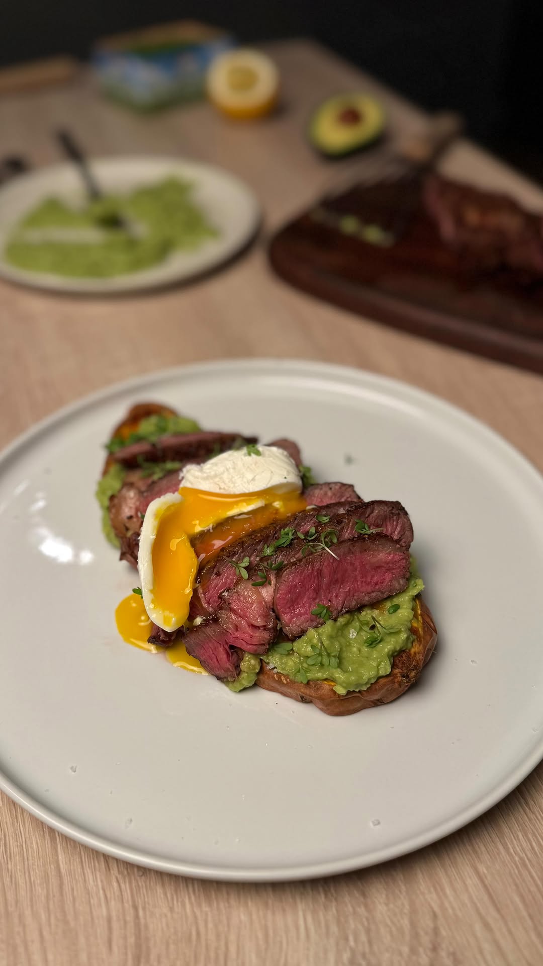 Sweet Potato Toast with Guac, Ribeye & Poached Egg by Tanerxaydin