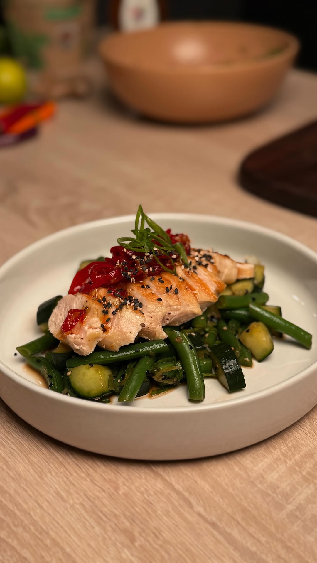 Smashed Cucumber & Green Bean Salad with Hot Honey-Lime Chicken by Tanerxaydin
