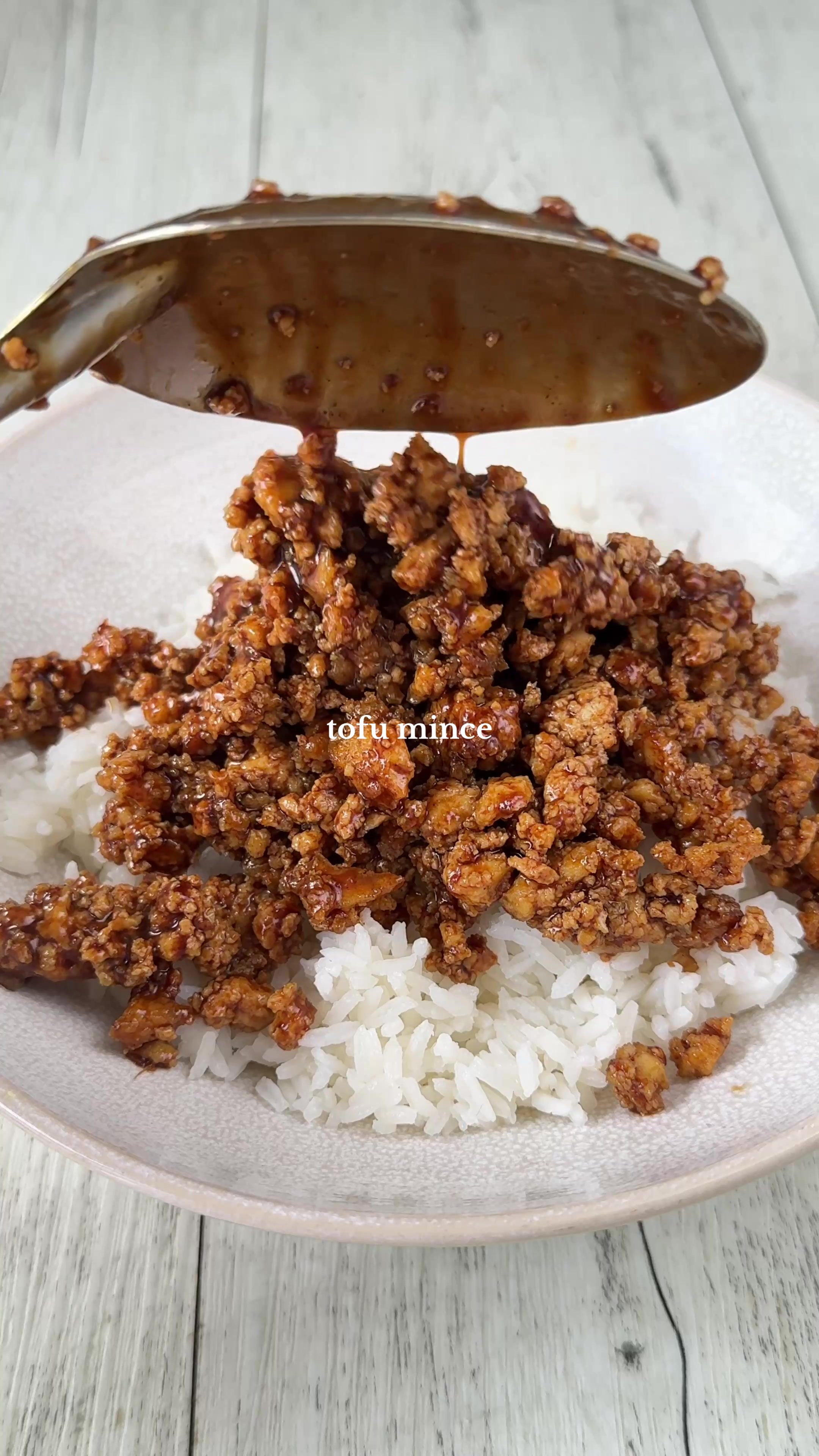 High Protein Tofu Mince Rice Bowl by Thrivingonplants