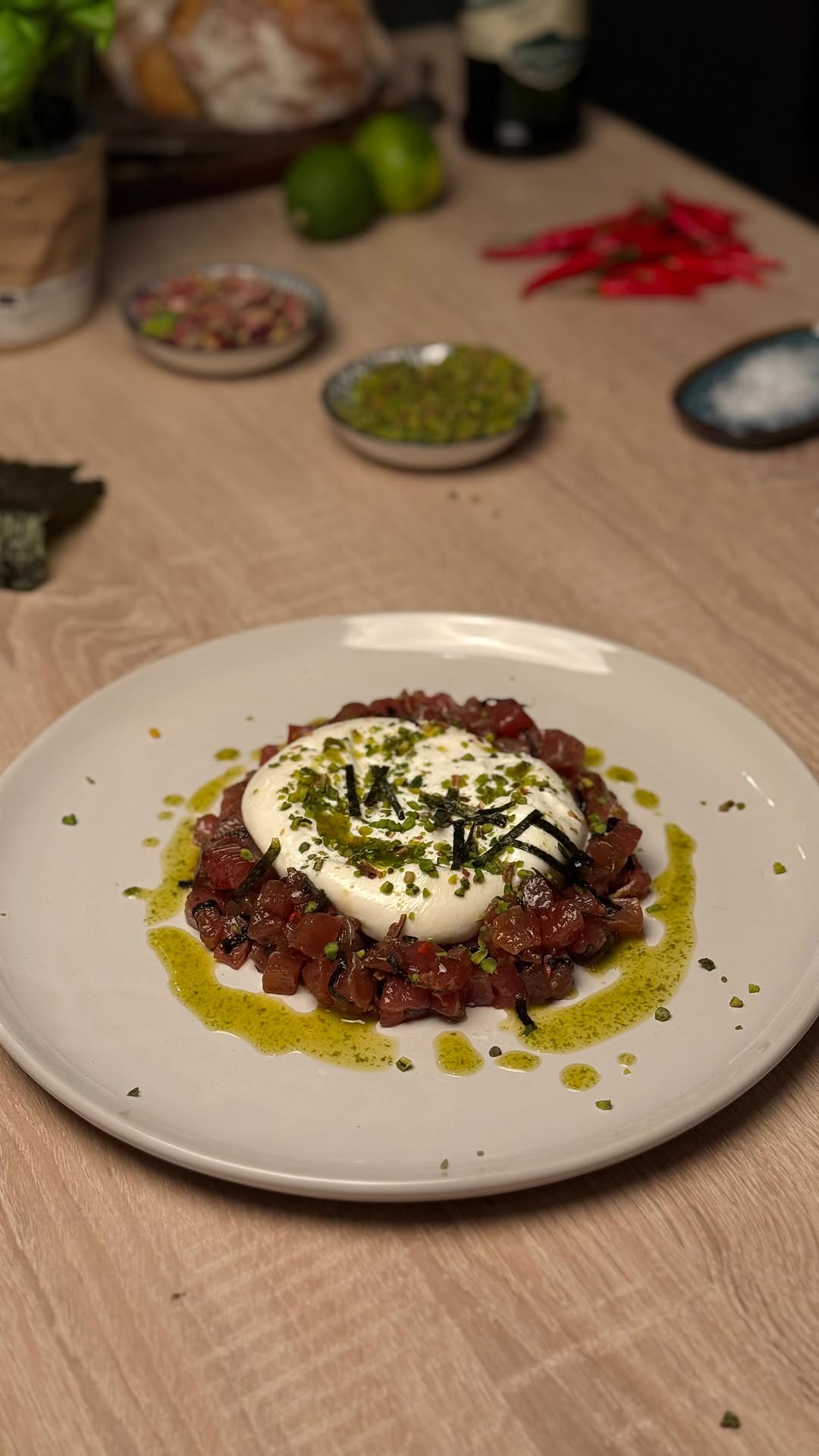 Tuna Tartare with Burrata, Nori & Pistachios by Tanerxaydin