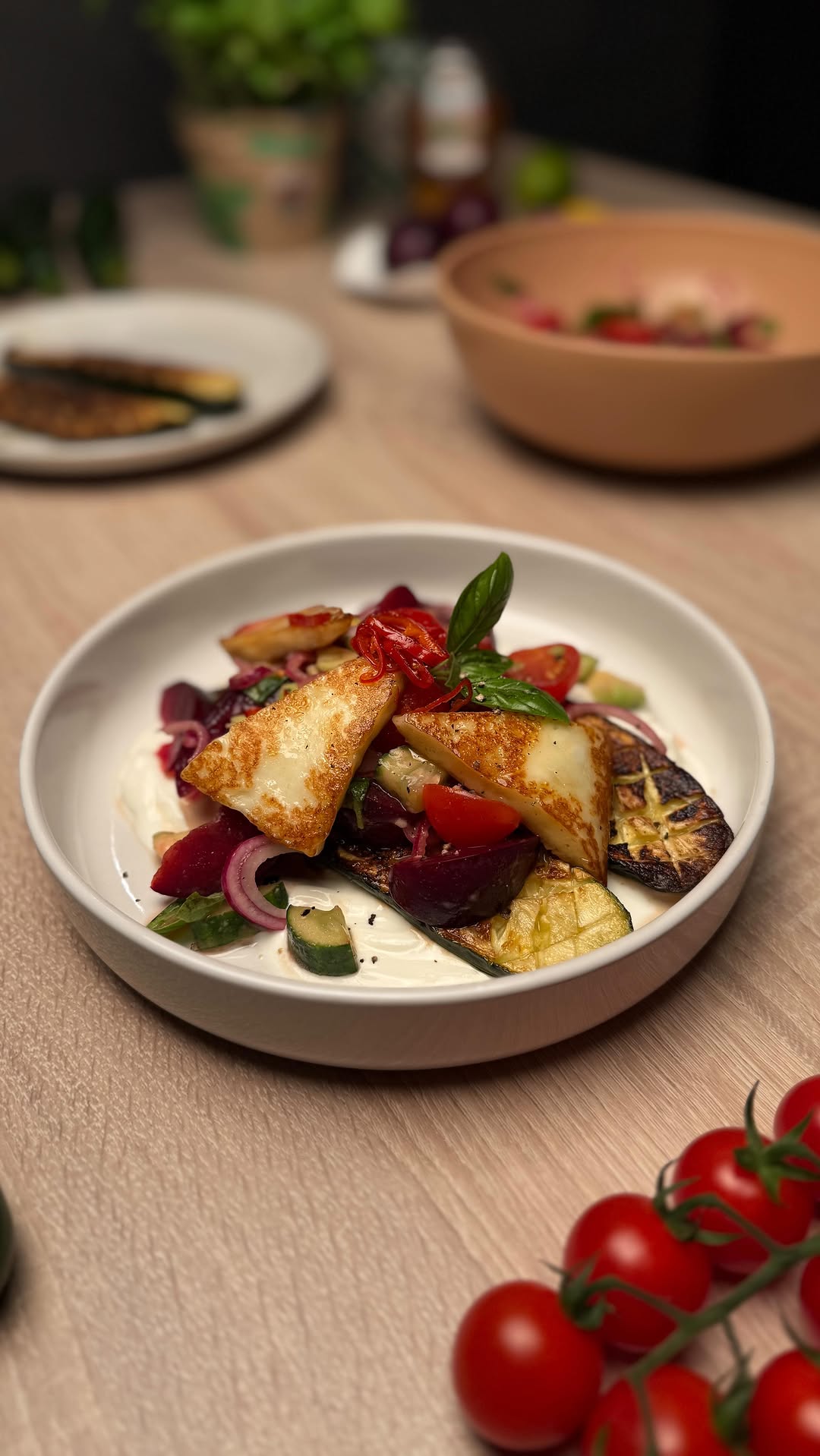 Grilled Zucchini with Greek Yogurt, Plum Tomato Salad & Hot-Honey by Tanerxaydin