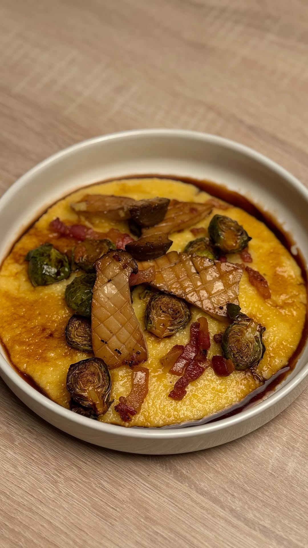 Creamy Polenta with Balsamic-Soy Brussels Sprouts, King Oyster Mushrooms & Guanciale by Tanerxaydin