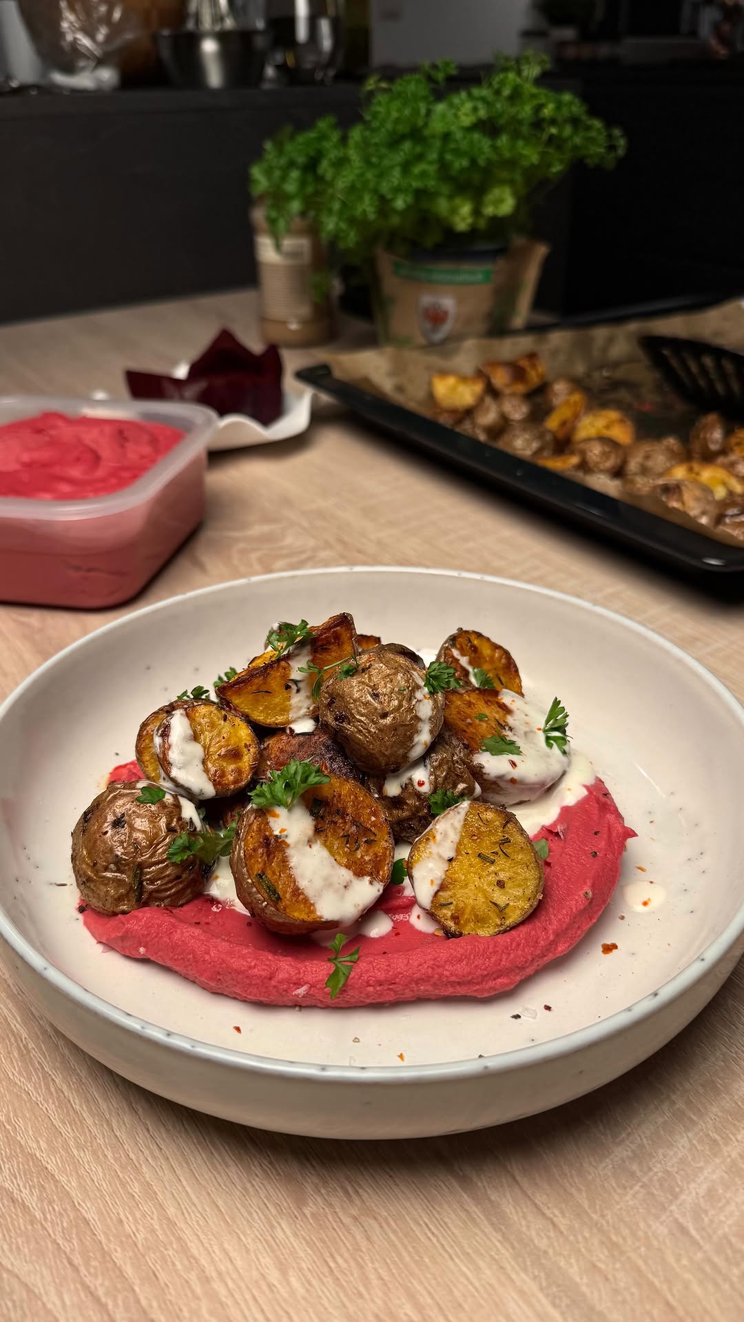 Creamy Beet Hummus with Rosemary Potatoes by Tanerxaydin