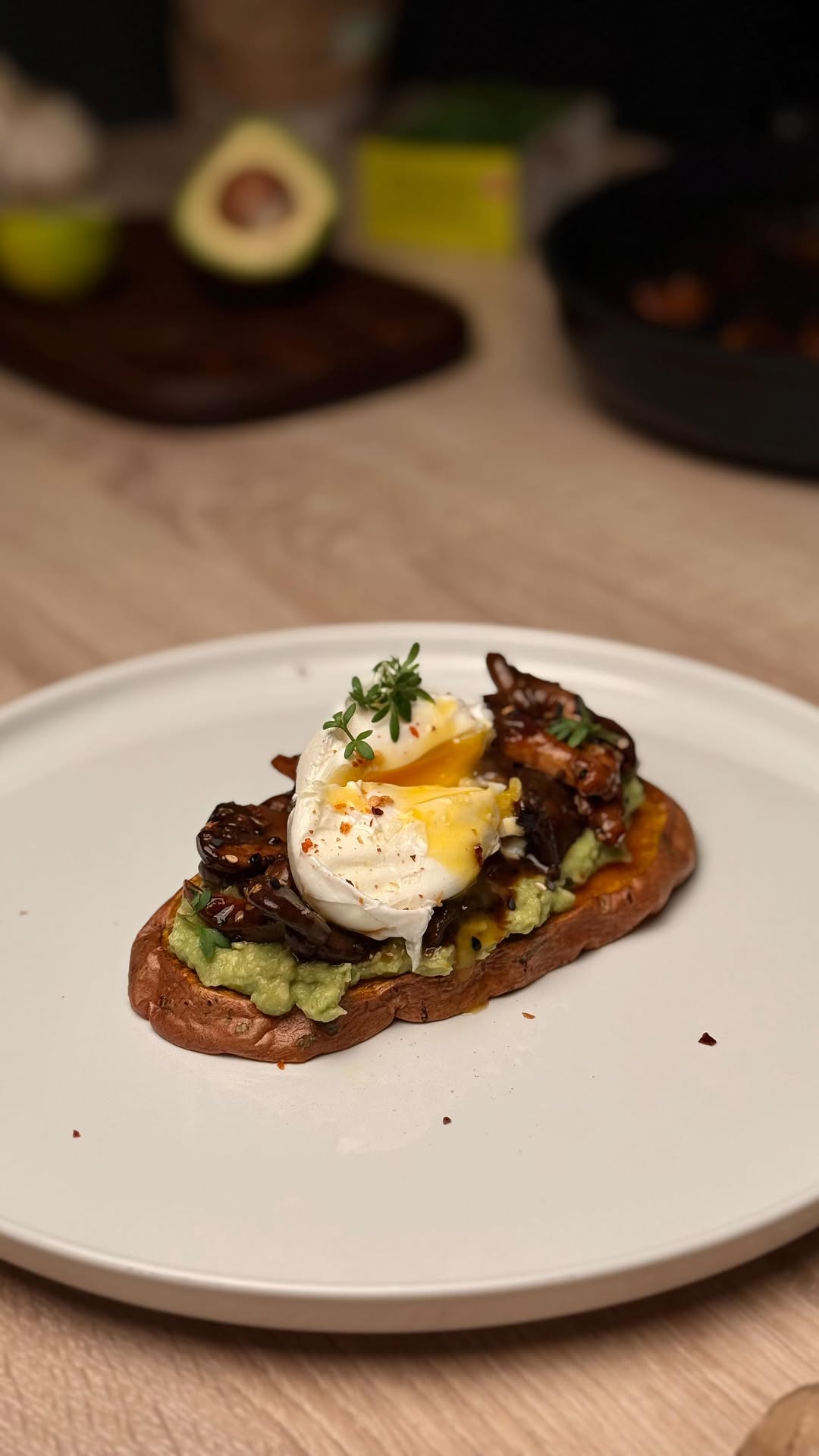 Sweet Potato Toast with Guac, Teriyaki Mushrooms & Poached Egg by Tanerxaydin
