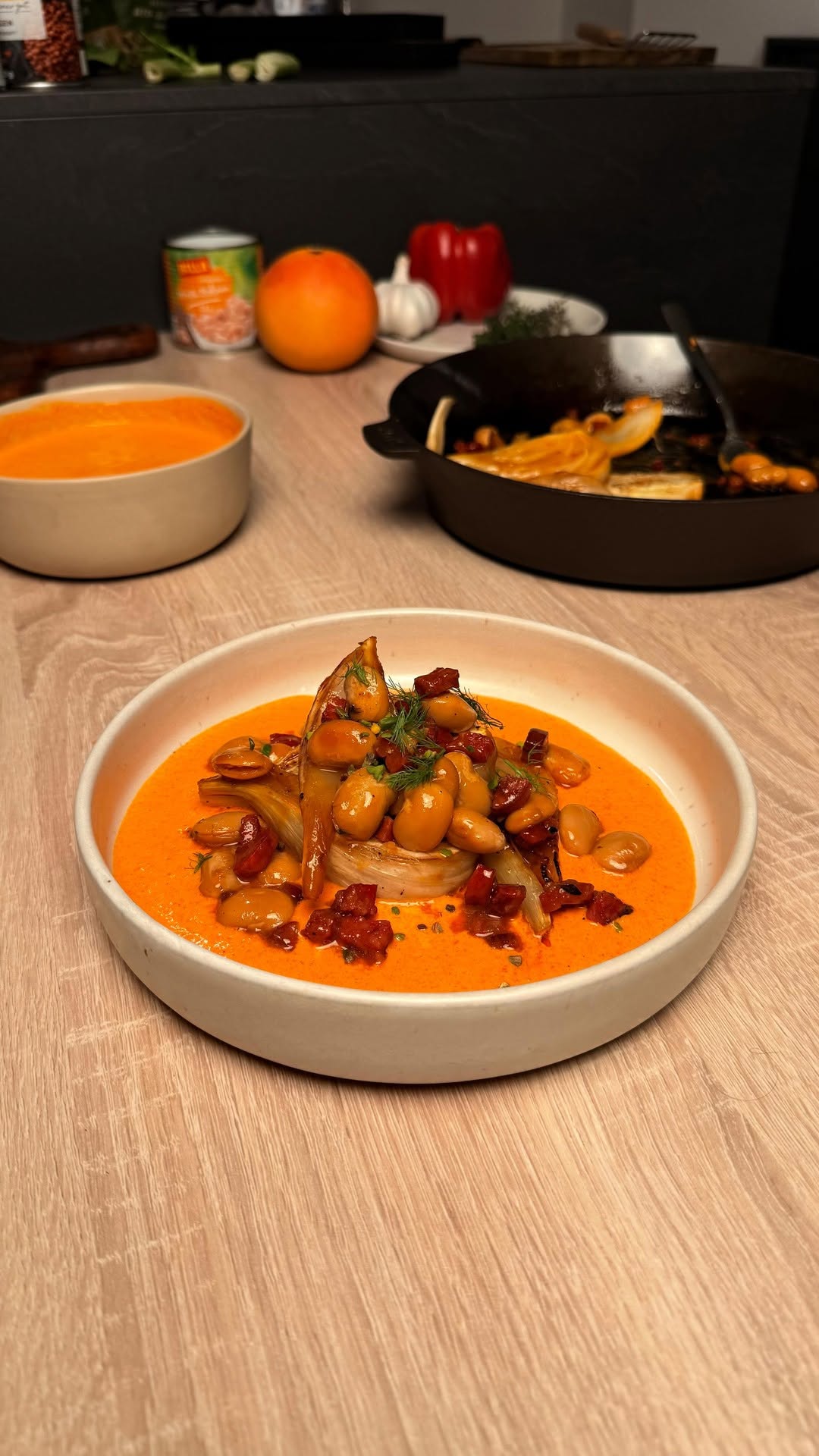 Orange-Glazed Fennel with Chorizo, Butter Beans & Roasted Paprika Cream by Tanerxaydin