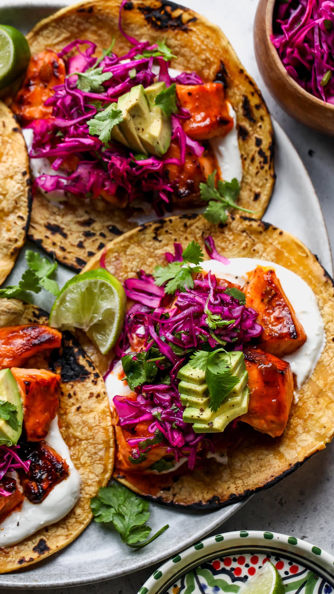 Honey-Chipotle Salmon Tacos with Garlic-Lime Crema by Jamievespamsrd