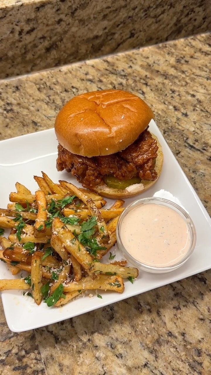 Hot Honey Chicken Sandwich With Garlic Fries by Keyanskitchen