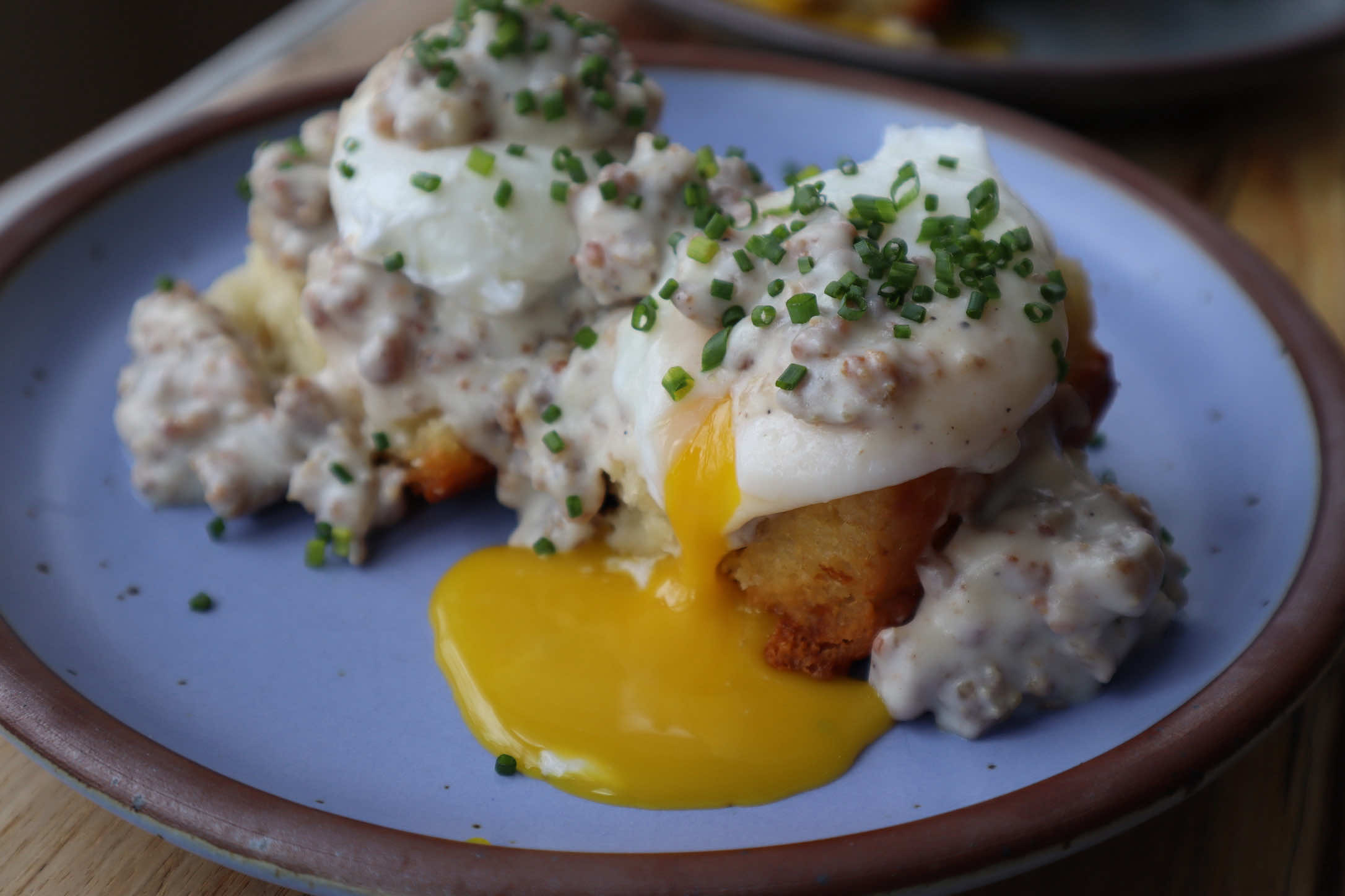 Biscuits and Sausage Gravy with Poached Eggs by Amelia Is Not A Chef